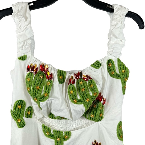 Queen of Sparkles Cutout Fuzzy Cactus Mini Dress Tie Back White & Green S - Picture 4 of 7